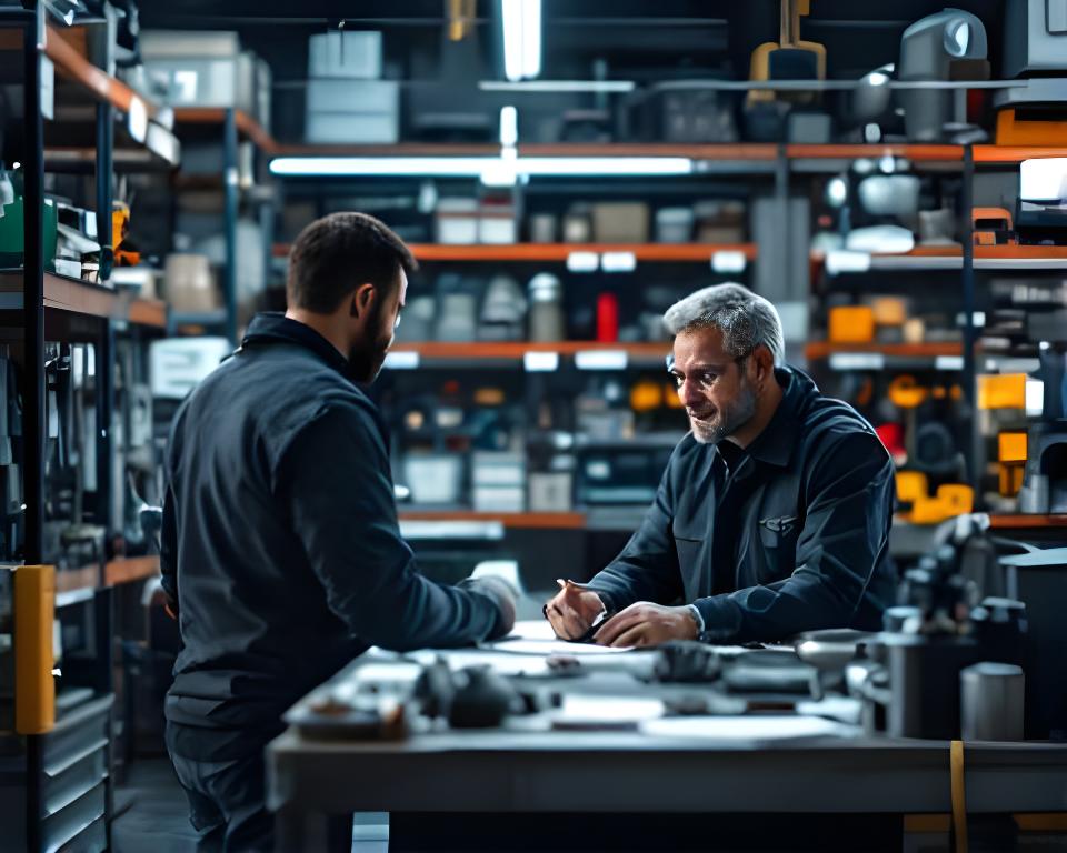 Automotive aftermarket ondernemer in een werkplaats met onderdelen, keurige rekken en een overnamegesprek aan de werkbank