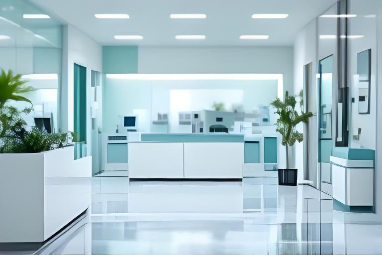 Moderne healthcare kliniek met een opvolgingsgesprek aan een lichte balie en medische apparatuur op de achtergrond