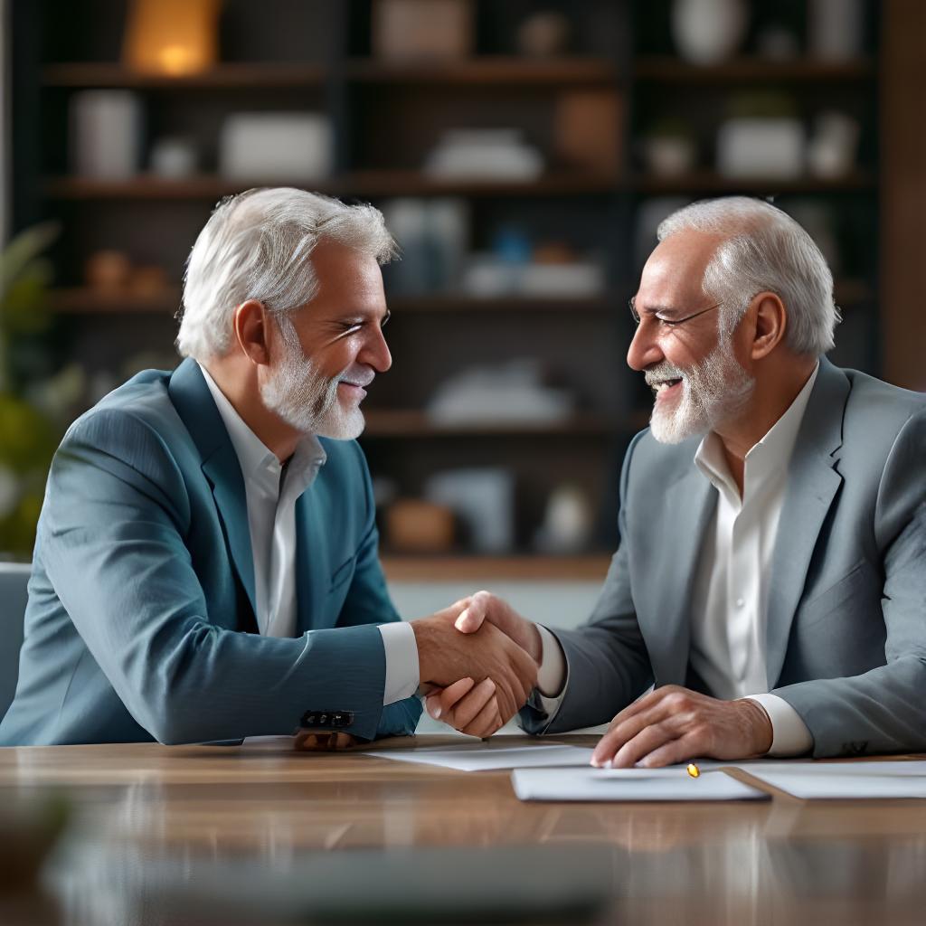 Twee generaties ondernemers in een rustige vergaderruimte die een sleutel en map overdragen bij een zakelijke opvolgingsbespreking
