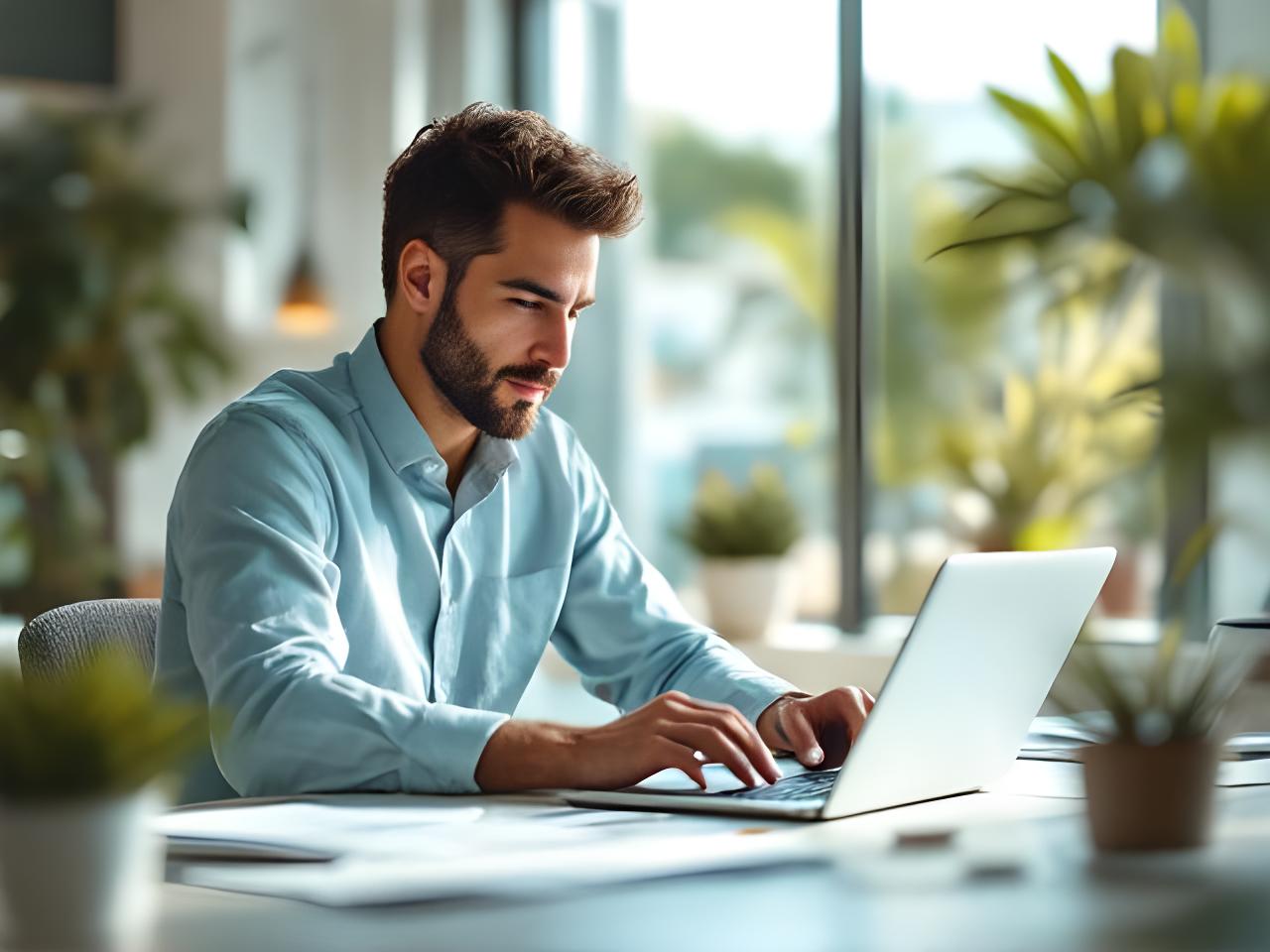 DGA in een lichte kantooromgeving met documenten en laptop, rustig werkend aan dividendplanning
