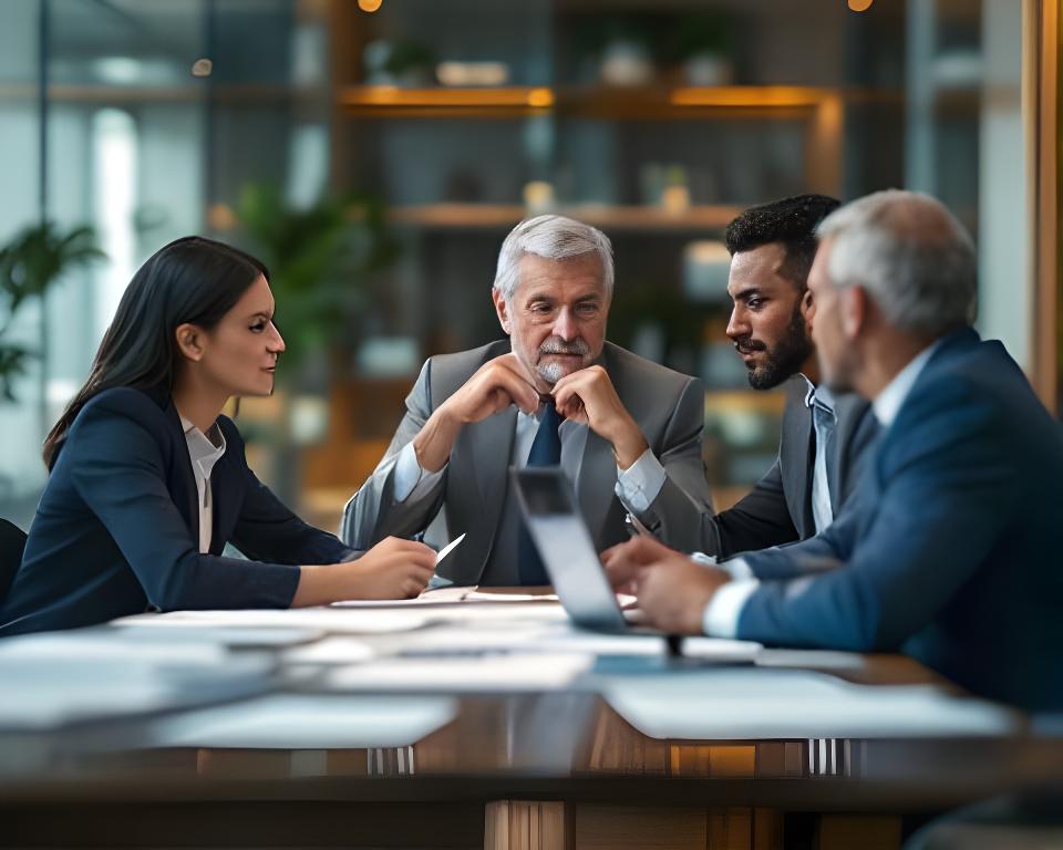 Adviseurs van Rem Efficient Advies in overleg aan een vergadertafel met documenten en een laptop