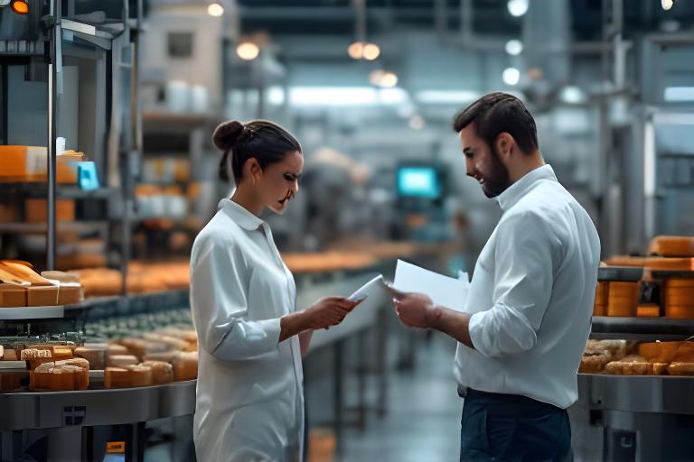 Food and beverage productieomgeving met verpakkingslijn, roestvrijstalen apparatuur en een eigenaar die de output controleert