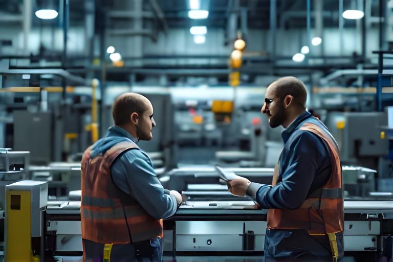 Industriële productielijn in een moderne Nederlandse fabriek met een adviseur en eigenaar in gesprek