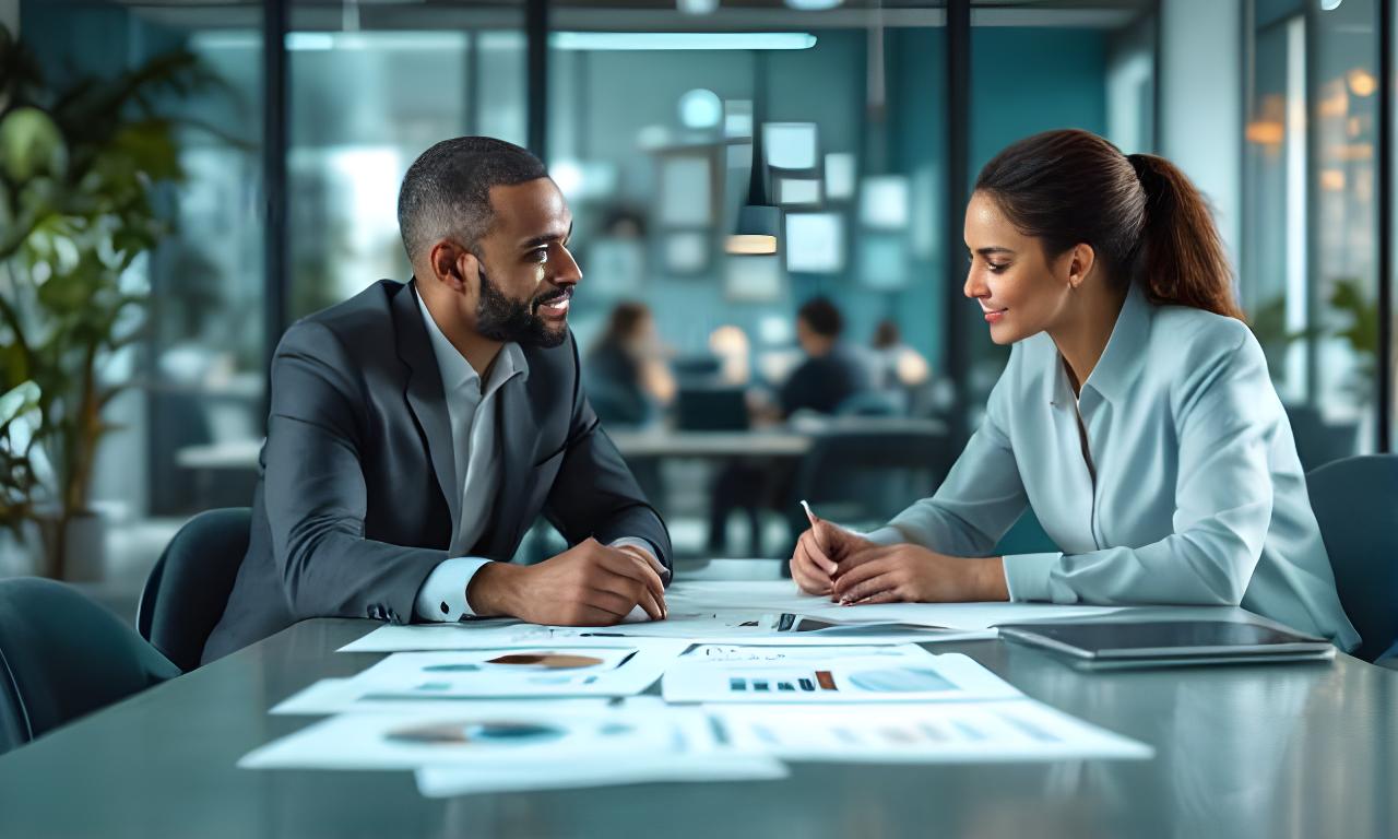 Twee managers bespreken een management buy-out in een modern kantoor in Tilburg met financiële modellen op tafel