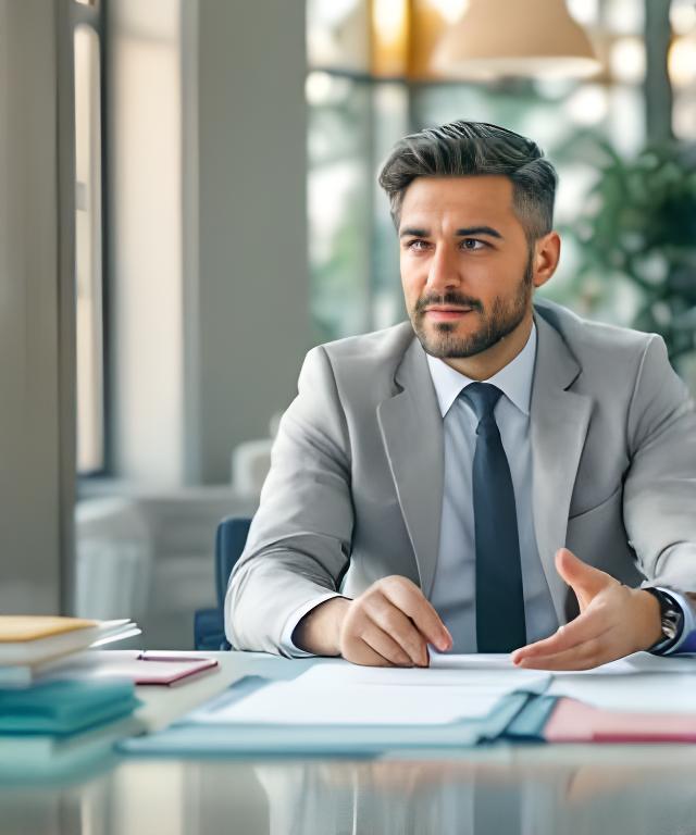 Oprichter van Rem Efficient Advies in een lichte vergaderruimte met dossiers en een notitieblok