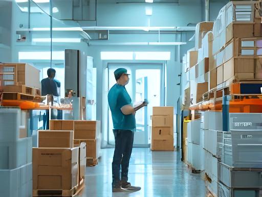 Food and beverage warehouse with labelled stock, chilled storage and a manager inspecting product crates