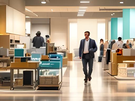 Retail store manager walking through a contemporary shop floor with product displays and lease signage
