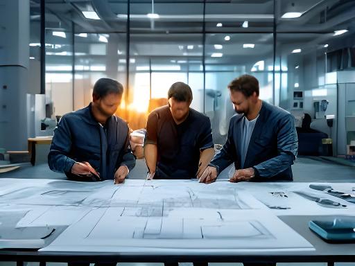 Engineering team reviewing technical drawings in a modern industrial office with prototype equipment