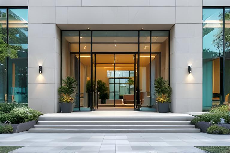 Moderne kantoorentree in Tilburg met glas, lichte stenen vloer en subtiele groene details