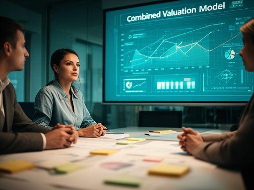 Advisory team discussing a combined valuation model on a large screen with graphs and notes
