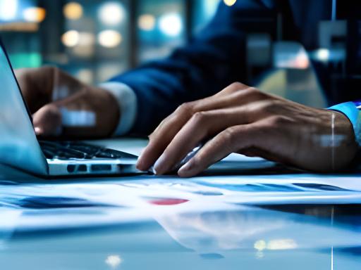 Financial analyst reviewing a discounted cash flow model on a laptop beside printed charts