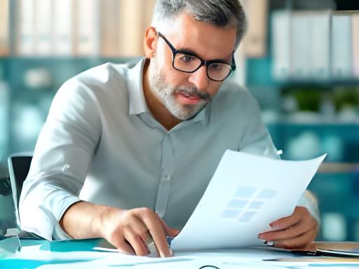 Valuation specialist examining balance sheet documents and asset registers in a bright meeting room
